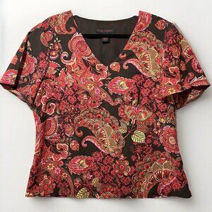 Gloria Vanderbilt Brown Floral Paisley V-Neck Blouse with Red and Gold Accents